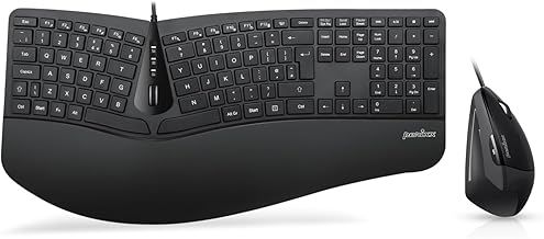 Perixx Periduo-505, Wired Ergonomic Split Keyboard and Vertical Mouse Combo with Adjustable Palm Rest and Membrane Low Profile Keys, UK Layout