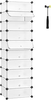 SONGMICS DIY Shoe Rack Organiser with Doors, 10-Tier Storage Rectangular Cubes for 20 Pairs of Shoes, Closet Wardrobe Divider Shelf, Rubber Mallet Anti-Tip Kit, White LPC10W