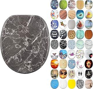 Soft Close Toilet Seat | Stable Hinges | Easy to Mount | Many Different Designs (Marble Grey)
