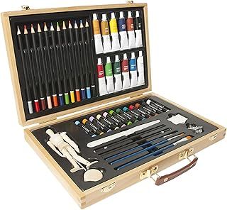 Elements 46 Pieces Mixed Media Art Set - Art Set with Wooden Storage Case Artist Set with Mannequin, Acrylic Paints, Oil Pastels, Coloured Pencils for Coloring, Drawing, Sketching, Painting