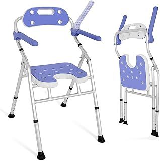 BQKOZFIN Foldable Shower Chair Folding Bath Chair with Arms & Back, Seat Height Adjustable, Suitable for Seniors with Safe Shower and Bath (White)
