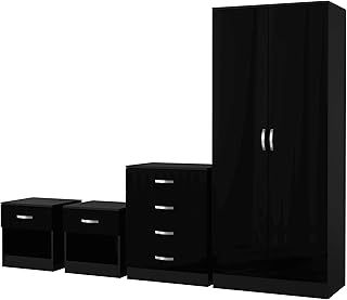 Nera Black Gloss Bedroom Furniture Set 4 Piece Set with Wardrobe Chest of Drawer Bedside Table Bedroom Storage