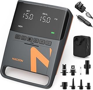 NACATIN SUP Rechargeable Air Pump Electric Paddle Board Pump, 16PSI High Pressure Intelligent Dual Stage Inflation, Auto-Off, Deflation Function, 12V DC Car Connector, for Paddle Board, Kayak