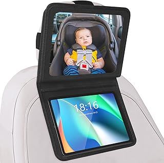 Brislut Baby Car Mirror with Tablet Holder, Road Trip Essentials for Kids, Back Seat Mirror to See Rear Facing Infant, Adjustable Backseat Mirror and Ipad Case for Car Headrest