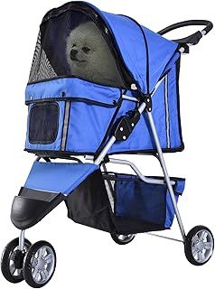 PawHut Pet Travel Stroller Cat Dog Pushchair Trolley Puppy Jogger Carrier Three Wheels for Small Miniature Dogs(Blue)
