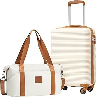 COOLIFE Cabin Suitcase 55×35×20cm and Cabin Bag 20L(40X25X20cm) Set for Ryanair Airlines Carry on Hand Cabin Luggage Hard Shell Suitcase Lightweight with TSA Lock (White/Brown, 55×35×20cm -Set 2pcs)