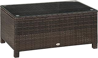Outsunny Outdoor PE Rattan Coffee Table, Rectangular Garden Tea Table w/Tempered Glass Top, Mixed Brown