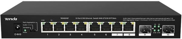 Tenda TEM2010F 10-Port 2.5G Multigigabit Switch, 2-Port SFP, VLAN, Static Aggregation, Compatible with 2.5G Devices, Desktop/Wall Mount, Plug and Play, Metal Casing, Black