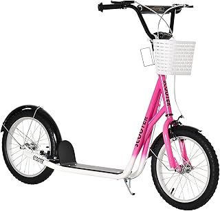 HOMCOM Kids Scooter, Kick Stunt Scooter with Adjustable Handlebar, Dual Brakes, Basket, Cupholder, Mudguard, 16" Inflatable Rubber Wheels, for 5-12 years