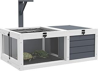 PawHut Tortoise House, Wooden Tortoise Table, Tortoise Enclosure with Wooden Lamp Holder, Openable Lids, Pull-Out Trays - Grey