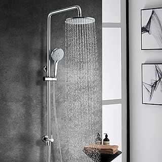 Shower Riser Rail Kit, Uvish Stainless Steel 9” Rain Shower Head with 180cm Hose, Handheld Shower Head, Holder & Brass Shower Diverter, Shower Set with 4 Spray Modes, Chrome
