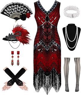 WILDPARTY 1920s Dresses for Women, Flapper Dress Lace Fan Fether Headband Sequins Beads Fringes 20s Accessories Vintage Mafia Costume