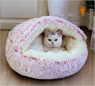 Round Cat Bed Fluffy Pet Beds Indoor Cat Cave Hooded Bed, Non-Slip Bottom Washable Removeable Plush Cover, Kitten, Cats, Dogs Sleeping Cushion Beds (Pink, 50cm)
