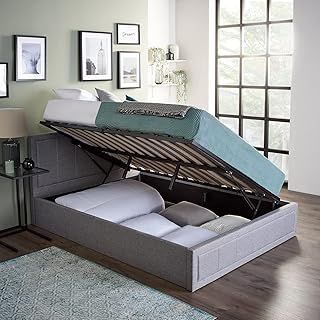 Home Treats Side Lift Up Bed Upholstered Double | Grey Fabric Ottoman Bed Frame With Under Bed Storage 4ft6 (Double, No Mattress)