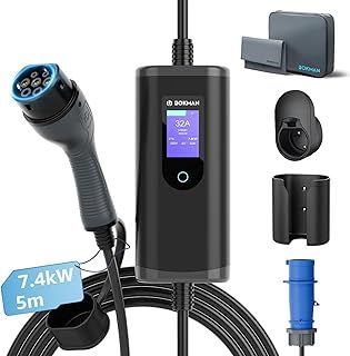 Bokman EV Charger 7kW Type 2 to CEE Plug, 5 Meters | 1 Phase | 6A-32A | IP65 Waterproof Electric Car Charging Cable with LED Display and Commando Plug