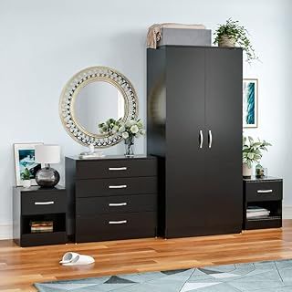 Vida Designs Riano 4 Piece Bedroom furniture Set, 2 x 1 Drawer Bedside cabinets, 4 Drawer Chest of Drawer & 2 Door Wardrobe (Black)