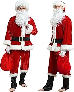 Santa Claus Costume for Men- Father Christmas Costume Adult Santa Outfit,Luxury Deluxe Velvet Santa Costume , Santa Suit Adults Size,Xmas Red Cosplay Outfits,Professional Clothes Set for Holiday Party
