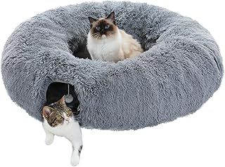 PAWZ Road Plush Cat Tunnel for Indoor Cats, 2 in 1 Donut Circle Shape Cat Tunnel & Cat Bed Grey