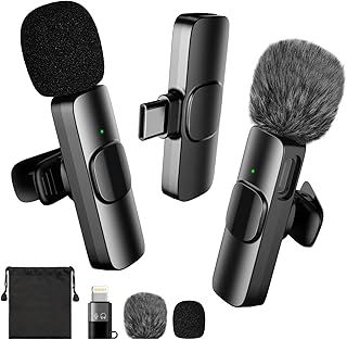 Wireless Lavalier Microphone with Lightning Adapter and Storage Bag - for iPhone, iPad, and Android Phones - Mini Mic for Video Recording and Podcasts with Noise Reduction