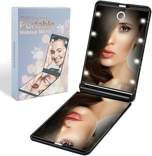 Rantizon Gifts for Women Christmas Stocking Fillers Portable Makeup Mirror Dimmable 8 LEDs Lighted Mirror 1X & 2X Magnification Cosmetic Illuminated Handbag Mirror Foldable Pocket Compact Mirror