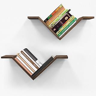 Mazjoaru Floating Book Shelf, Small Spaces Bookshelf for Wall V Type Wall Mounted Shelves Book Organizer And Decoration Storage Desk, Mini Modern Bookcase for Office Living Room Bedroom Study Walnut