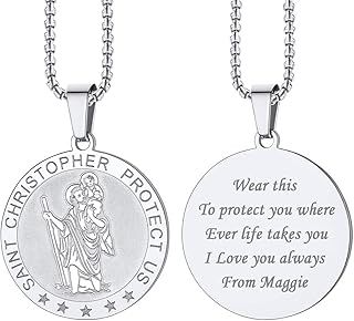 ChainsPro Saint Christopher Protect Us Pendant Necklace,22''+2'' Box Chain 4mm,Silver/Gold/Black Stainless Steel Ova/Medal/Octogon Travellers Protection Patron Saint Pendant for Men Women