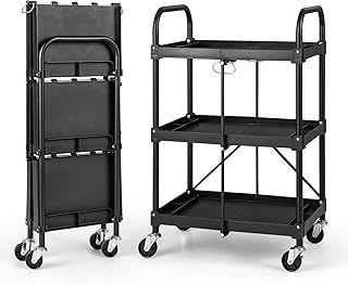 GiantexUK 3-Tier Folding Tool Trolley, Metal Frame Service Cart with Wheels, Tool Grooves & Handles, Heavy Duty Rolling Utility Storage Cart Trolley for Home, Office, Garage, Warehouse and Workshop