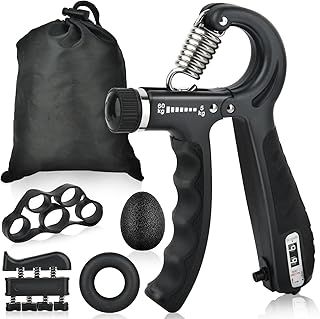 Hand Grip Strengthener, 5 Pack Forearm Trainer Workout Kit, Adjustable Resistance Hand Gripper with Counter, Finger Exerciser, Finger Stretcher, Grip Ring and Stress Relief Ball for Recovery Athletes