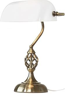Kingswood Barley Twist Traditional Bankers Lamp - Antique Brass - Opal Glass - Desk/Table Lamp