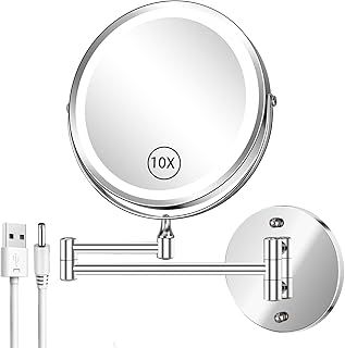 8” Lighted Wall Mounted Makeup Mirror 1x/10x Magnifying Vanity Mirror with Lights Rechargeable LED 3 Color Adjustable Brightness Bathroom Mirror Touch Switch 360°Rotating Shaving Mirror