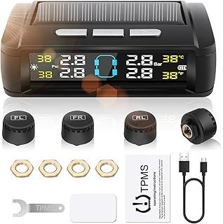 Geloo Car Wireless Tire Pressure Monitoring System with 4 External Sensors Universal TPMS Solar Monitor with 5 Alarm Modes,Pressure Range 0-5 bar, 0-87Psi for Car SUV Trailer
