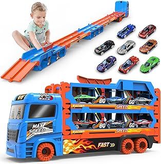 BAKAM Race Tracks Set for Kids Ages 3-5, Tracks for Toddlers 2-4 Years, Car Carrier Trucks Garage Toys for 3+ Year Old, Toys for Ages 2-4, 3 Year Old Boy Birthday Gift (Blue)