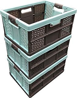 keeeper 3 x 32 Litre Extra Strong Folding Plastic Stacking Storage Crates Box - 30KG LOAD CAPACITY PER BOX - SOFT HANDLES