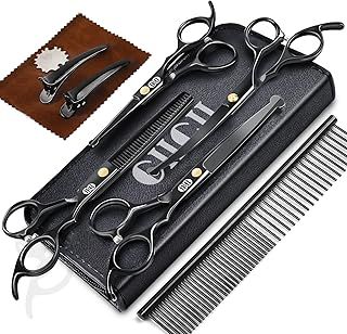 CIICII Dog Grooming Scissors Kit, 10-in-1 Professional Pet Grooming Scissors Set with Safety Round Tip (Dogs/Cat Hair Cutting Trimming Thinning Shears with Curved Scissor) for DIY Home Salon (Black)