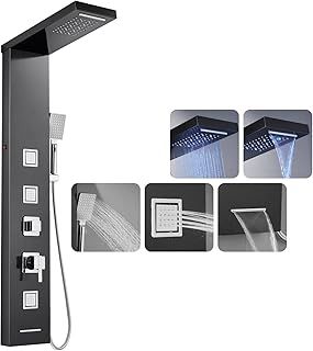 ROVOGO Shower Panel Tower System with LED Lights - Black Column Shower with Rainfall, Waterfall, Body Jets, Tub Spout and Handheld, Stainless Steel Shower Panel Column Tower, Wall Mounted