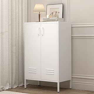GREATMEET Metal Locker Storage Cabinet, White Accent Storage Cabinet, Metal Pantry Cabinet with Doors,Locker Cabinet for Living Room,Kitchen,Office