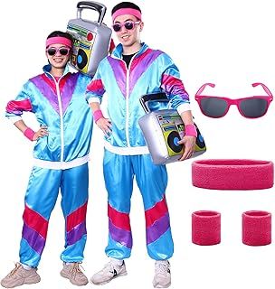 80s 90s Costume Men Women,6 Pcs Blue 80's Shell Suit Outfit Fancy Dress Costumes with Headband Wristbands Glasses for Carnival Party