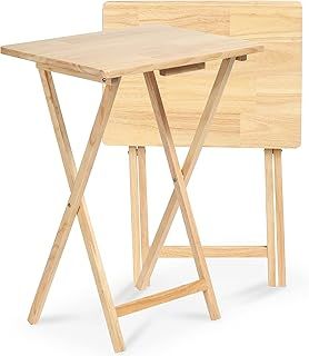 PJ Wood Side Table 2 Set 100% Wood, TV Tray Table, Folding Tables, Snack Table, Coffee Table, Table for Small Space, Living Room, Wood Frame, Natural Color