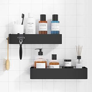 2 Pack Rustproof Shower Caddy - 2 Shelves, Drill-Free & Quick-Dry Shower Organizer, Stainless Steel Bathroom Shelves with 4 Hooks, Large, Black