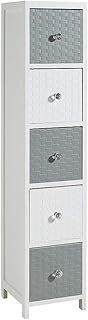 Home Source Chest of Drawers, Wooden Tallboy Storage, Bedroom Bathroom Organiser, Crystal Handles, White and Grey, 5 Drawer
