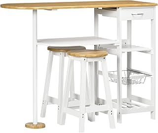 HOMCOM 3 Piece Bar Table Set, Breakfast Bar table and Stools with Storage Shelf, Drawer, Wire Basket and Wine Rack for Kitchen, Home Bar, Natural and White