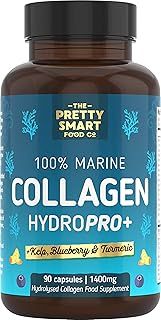 Powerful Marine Collagen Tablets - with Hyaluronic Acid, Biotin & Blueberry - 1400MG Complex - Hydrolysed Type 1 - with Vitamins & Minerals - 90 Capsules - Made in The UK by The Pretty Smart Food Co
