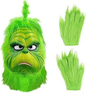 Grinch Mask Costume with Green Furry Fur - The Grinch - Christmas Cosplay Party Full Face Latex Helmet Costume Props Furry Gloves