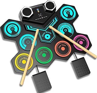 Portable Electric Drum Kit, CNAPXAIA Foldable Kids Drum Pad with Build-in Stereo Speakers, Foot Pedals, Drum Sticks, 9 Pads Silicone Electronic Drum Set for Kids Adult Beginner RAINBOW