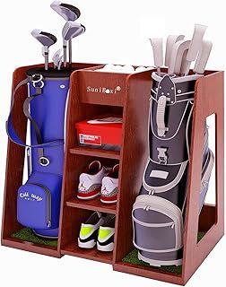 Golf Bag Organizer, Premium Wooden Golf Storage Rack, Stylish Heavy-Duty Golf Club Storage Rack for Garage, Indoor Spaces, Basements, and More(Double-Dark Brown)