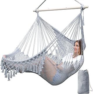 Chihee Super Large Hanging Hammock Chair, Soft-Spun Cotton Rope Weaving, Collapsible Strong Metal Spreader Bar, Wide Seat Lace Stretch Swing, Indoor/Outdoor Garden Yard Theme Decoration