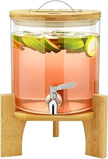 Drink Dispenser, 7L Glass Drink Dispenser with Stainless Tap, Beverage Dispenser with Bamboo Stand, Iced or Hot Beverage Dispenser for Parties,