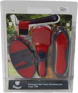 Rhinegold SOFT TOUCH HORSE GROOMING BRUSH SET, Red/Navy – Flexible Body Brush, Mane & Tail Brush, Dandy Brush & Hoof Pick – Comfortable Grip for Horse Care & Coat Shine