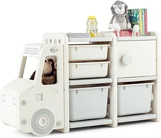 COSTWAY Kids Storage Units, Children Toy Organizer with Plastic Bins, Pull-Out Drawers and Door Cabinet, Toddler Storage Chest for Nursery Playroom Bedroom (Car Shape, 112 x 35 x 66cm)