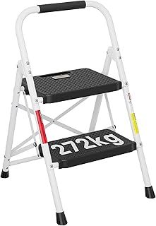 2 Step Ladder, Capacity 272KG with Wide Anti-Slip Pedals, Folding Steel Step Stool, Sponge Handlebar, Lightweight Portable Ladder Suitable for Home, Kitchen, Pantry, Indoor/Outdoor Use, White